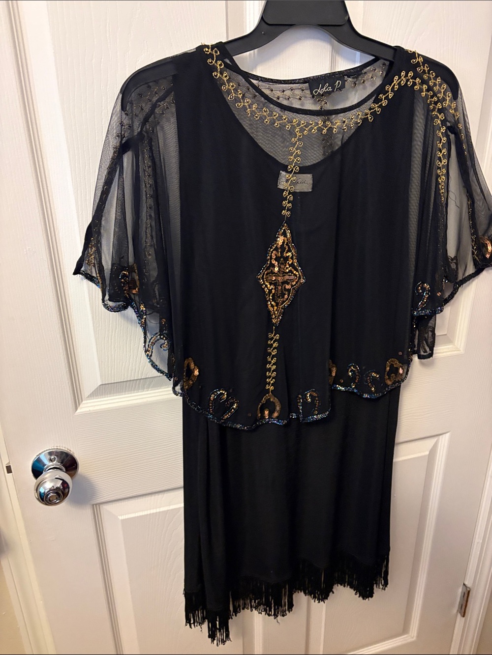 lola Black Midi Dress with Gold Beaded Capelet